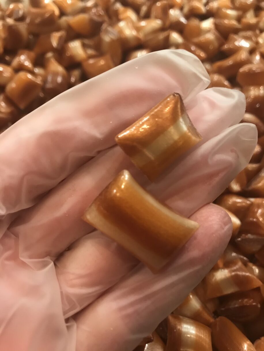 Gloved hand holding two pieces of homemade hard candy