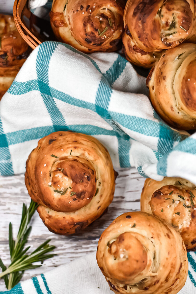 Bleu cheese bread with dates and rosemary with a green plaid towel