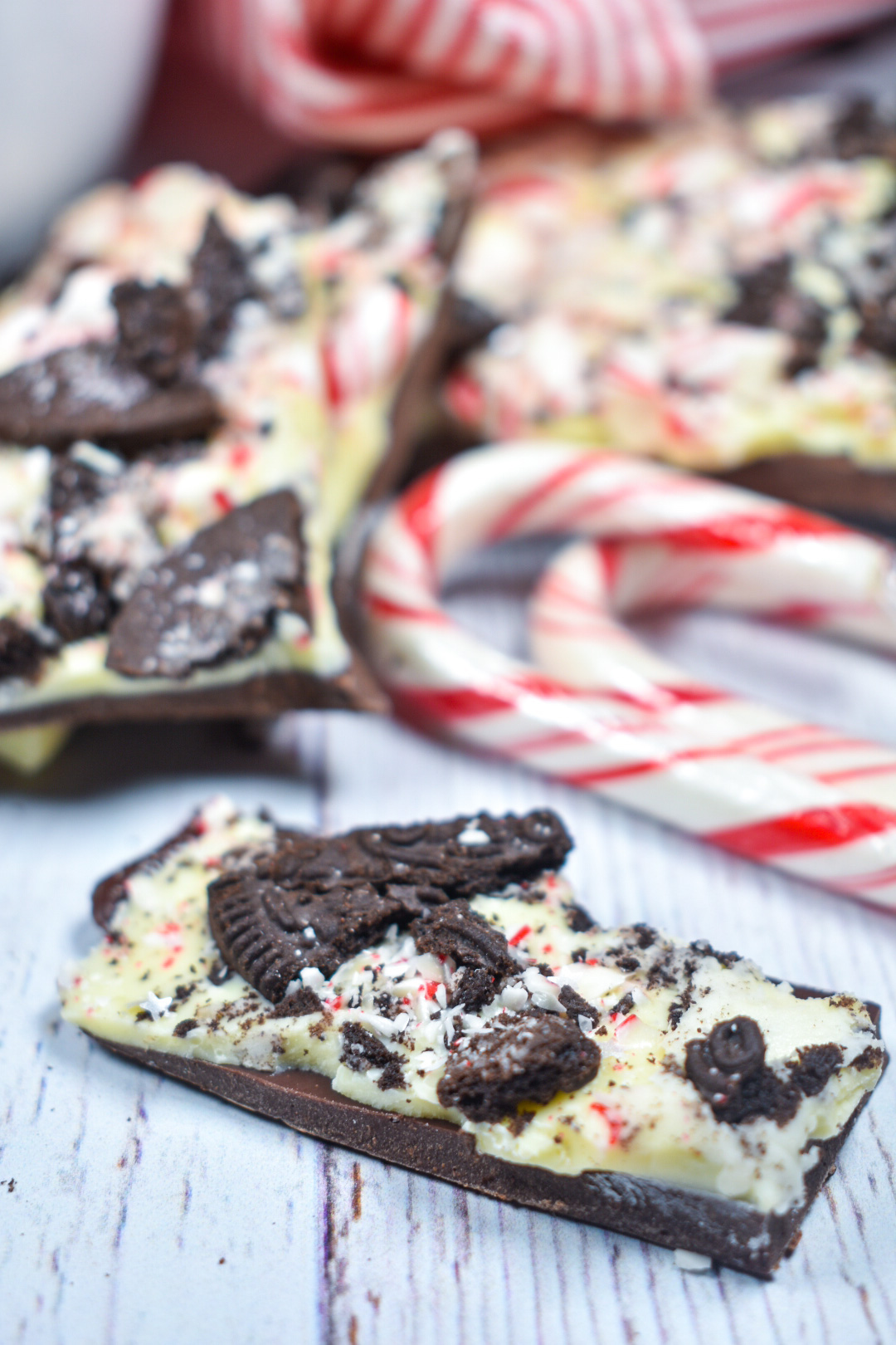 peppermint bark arranged on a white surface