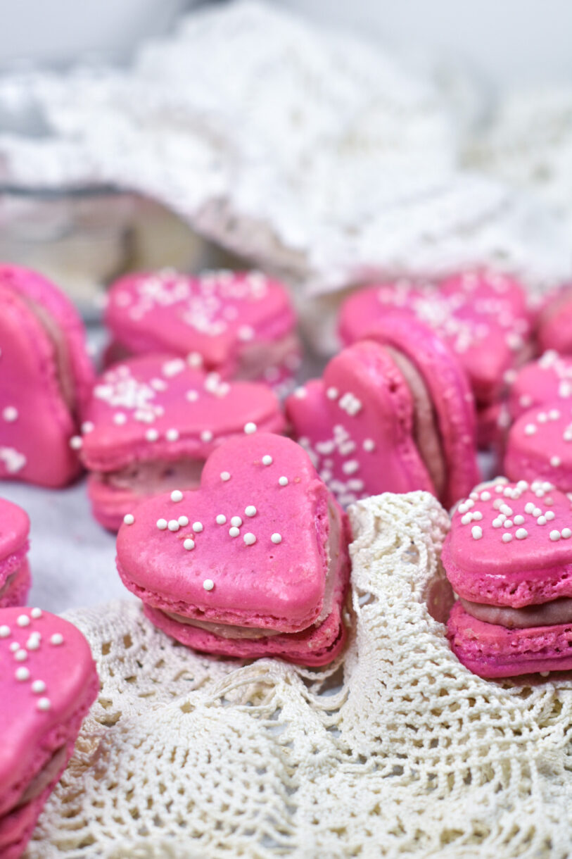 Heart macarons filled with ruby chocolate ganache