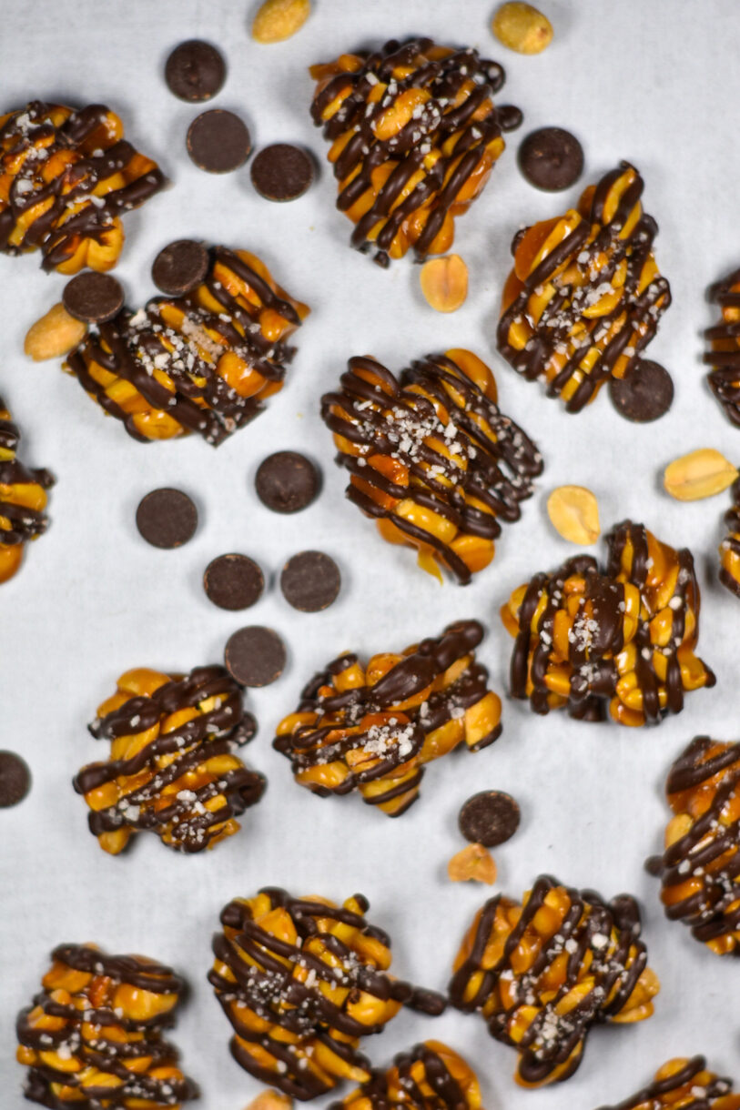 Chocolate Sea Salt Peanut Clusters surrounded by peanuts and chocolate chips