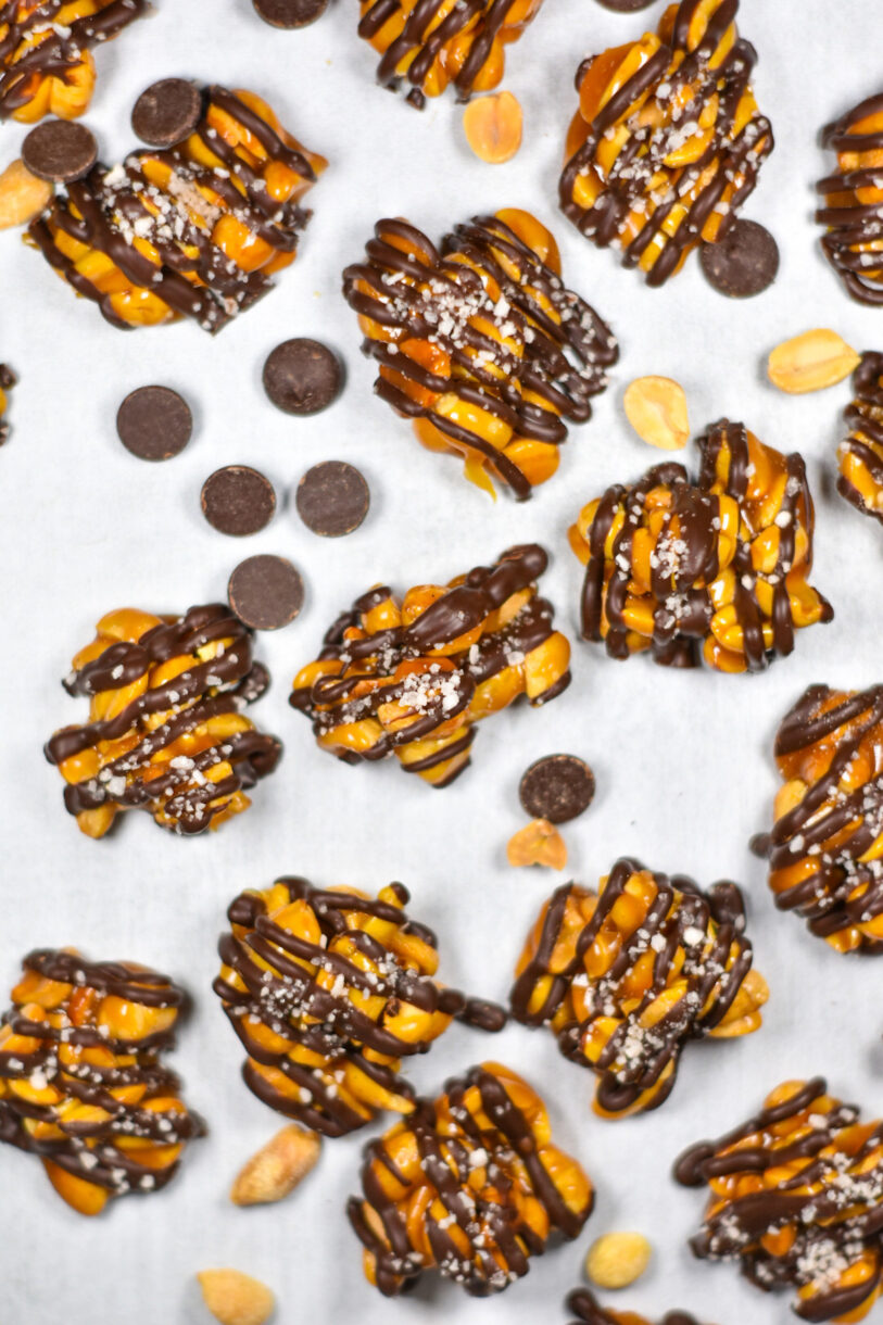Chocolate Sea Salt Peanut Clusters, chocolate chips, and peanuts on a white background