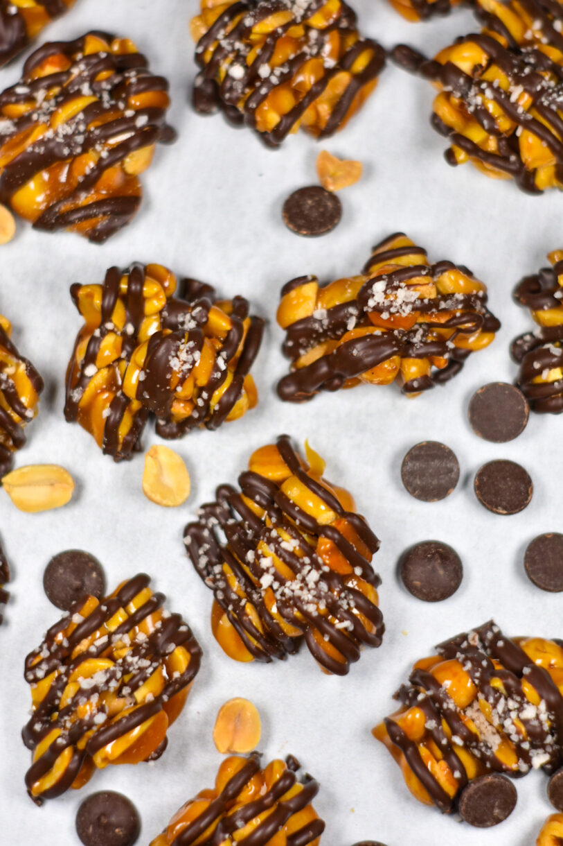 Peanut clusters, chocolate chips, and roasted peanuts