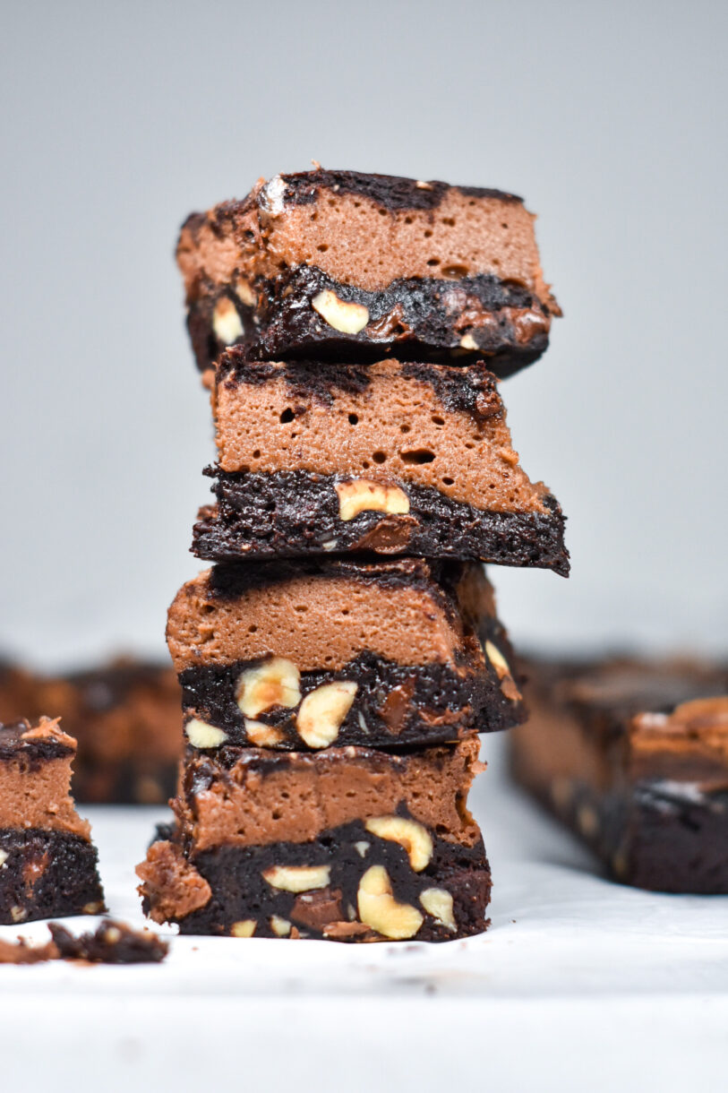 A stack of four Nutella Cheesecake Brownies