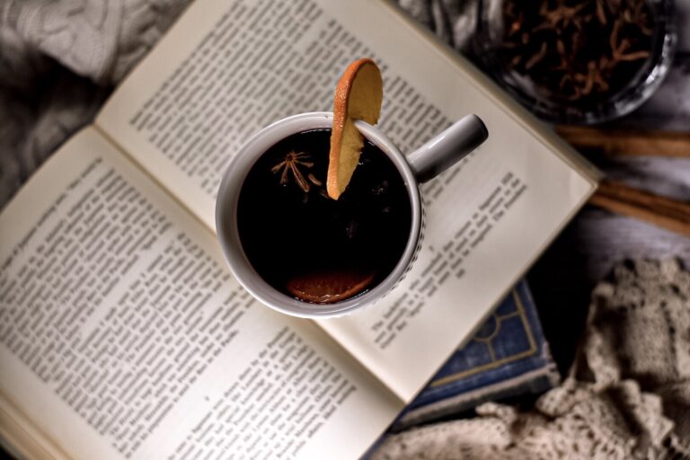 Cozy, dark photograph of library books, spices, and a mug of mulled red wine with an orange slice