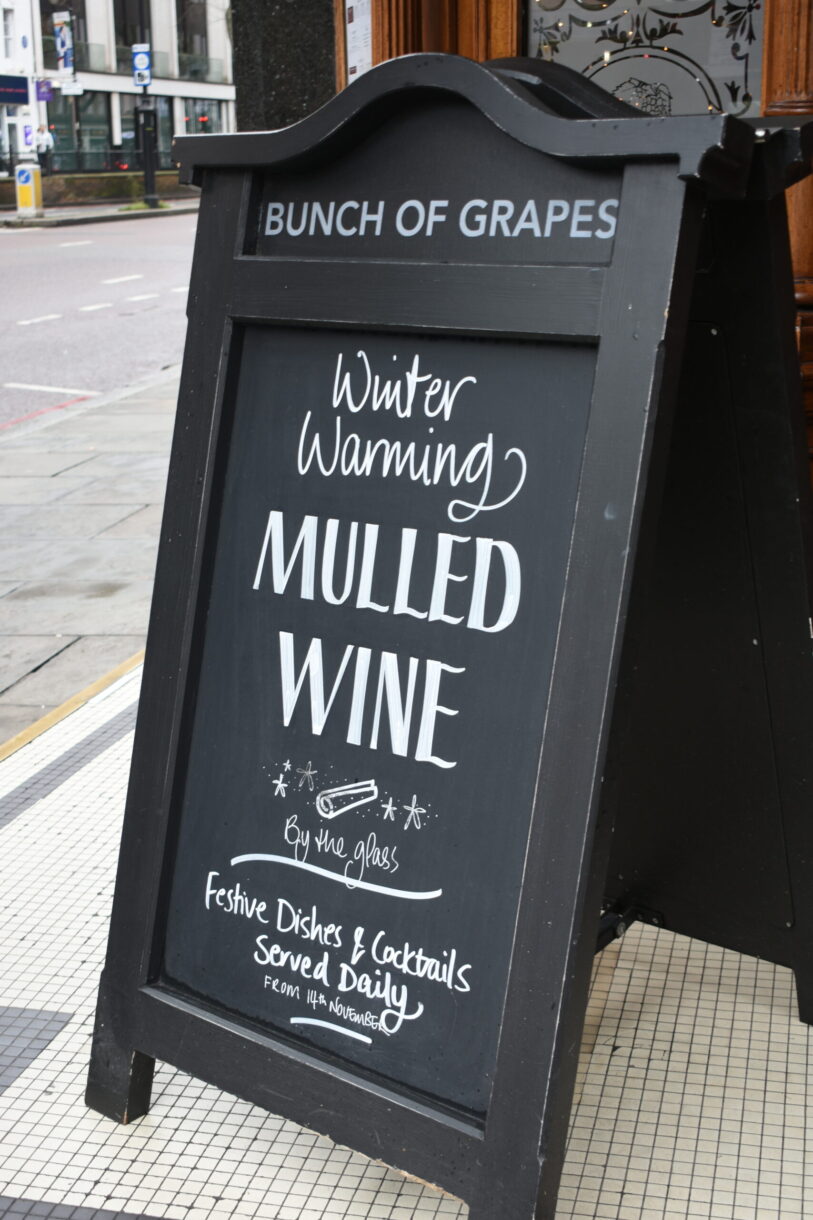 London pub sign advertising winter warming mulled wine