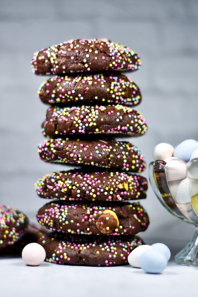 A stack of homemade Cadbury egg Easter cookies