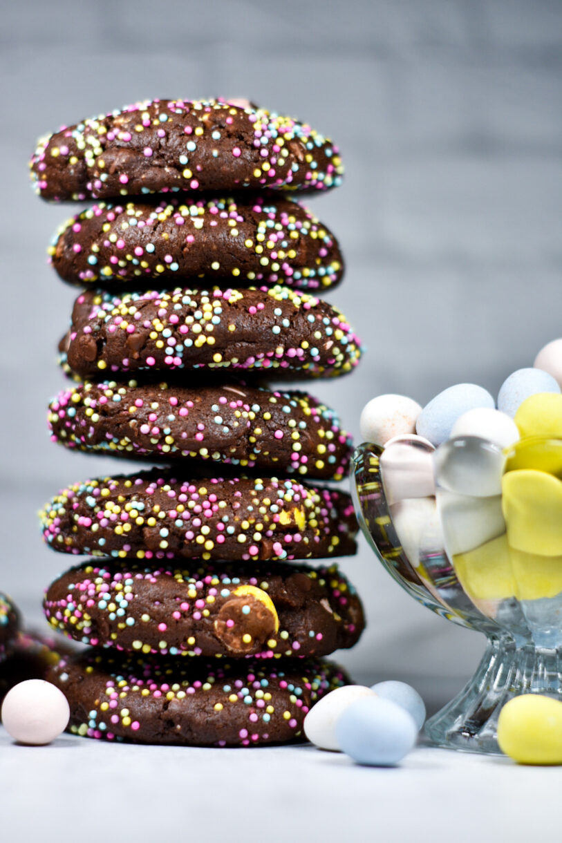 A tall stack of chocolate Easter cookies