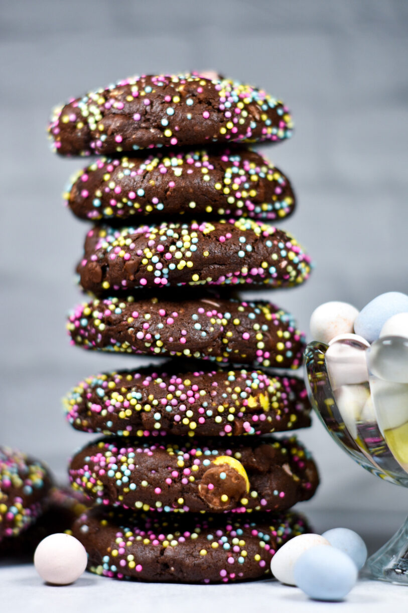 A tall stack of chocolate Easter cookies