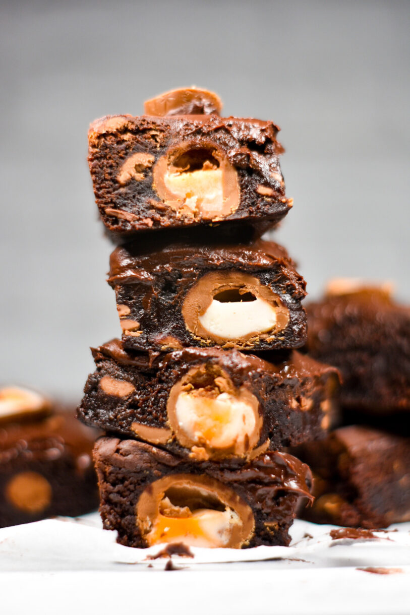 A stack of gooey creme egg brownies