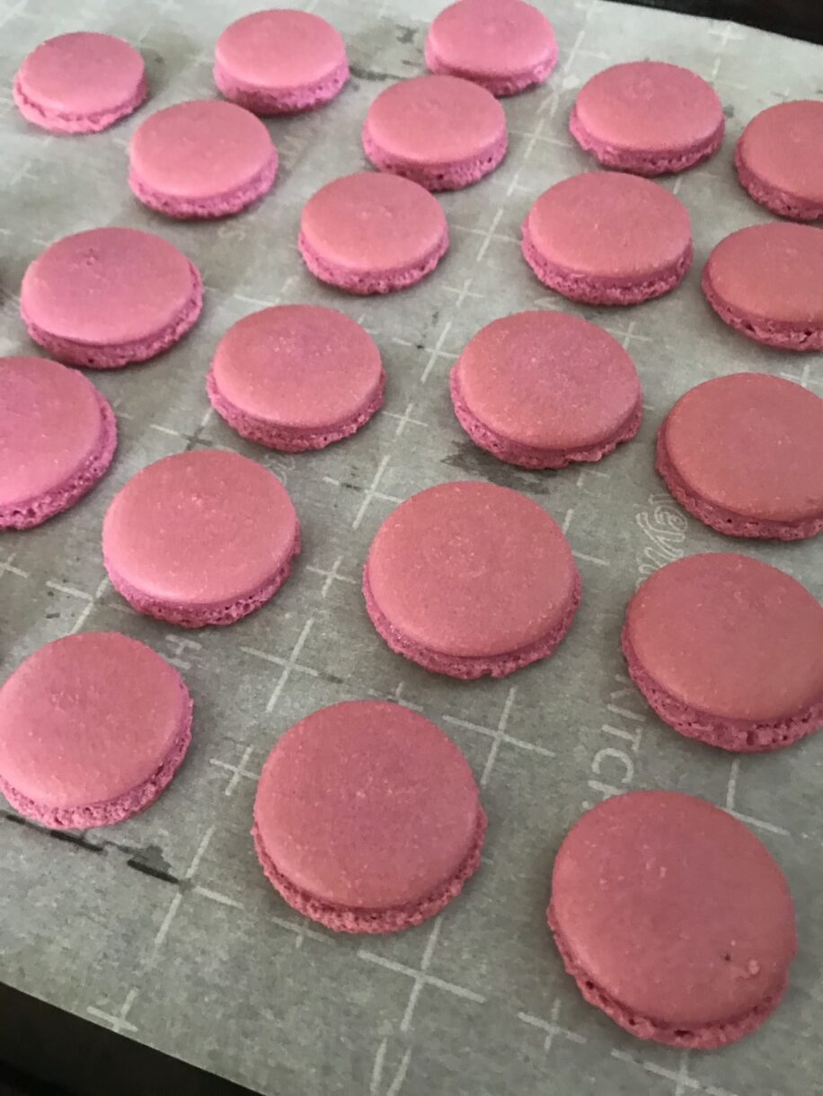 Macaron shells after baking, on a sheet of parchment