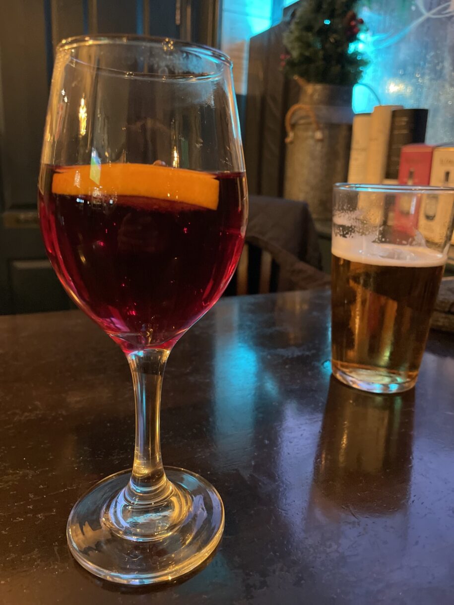 Mulled wine on a table at a London pub