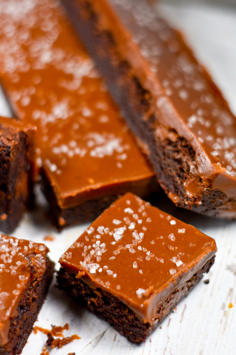 Closeup shot of a salted chocolate caramel brownie 