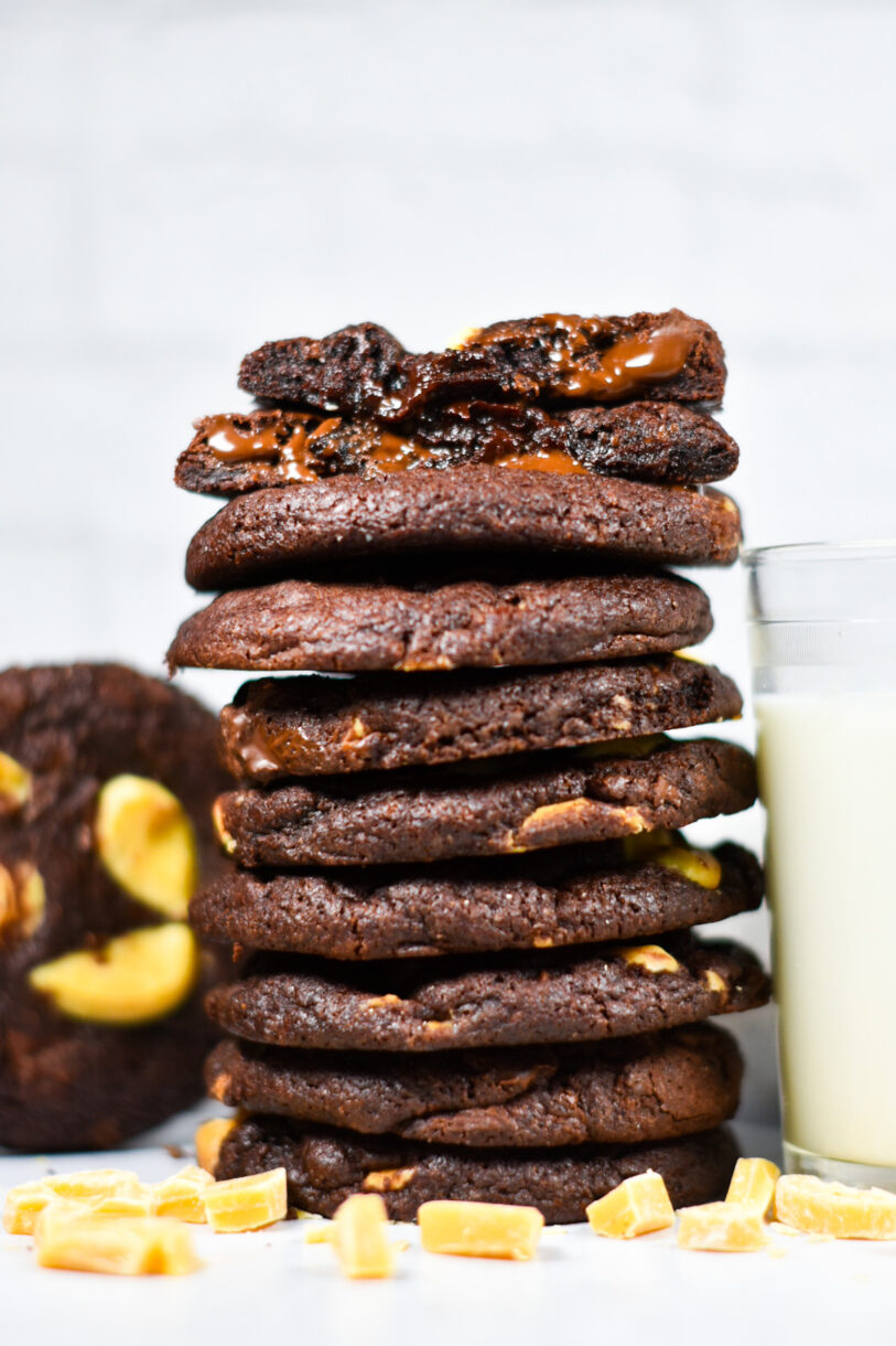 A tall stack of bakery style chocolate cookies