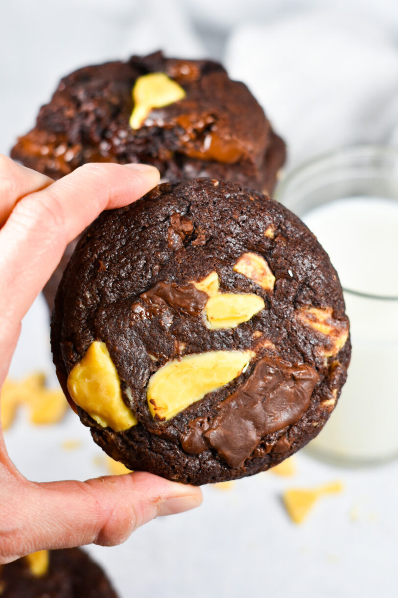 Hand holding a bakery style chocolate passionfruit cookie