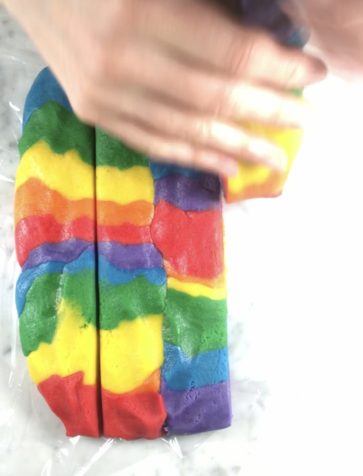 Forming mosaic pattern with rainbow cookie dough