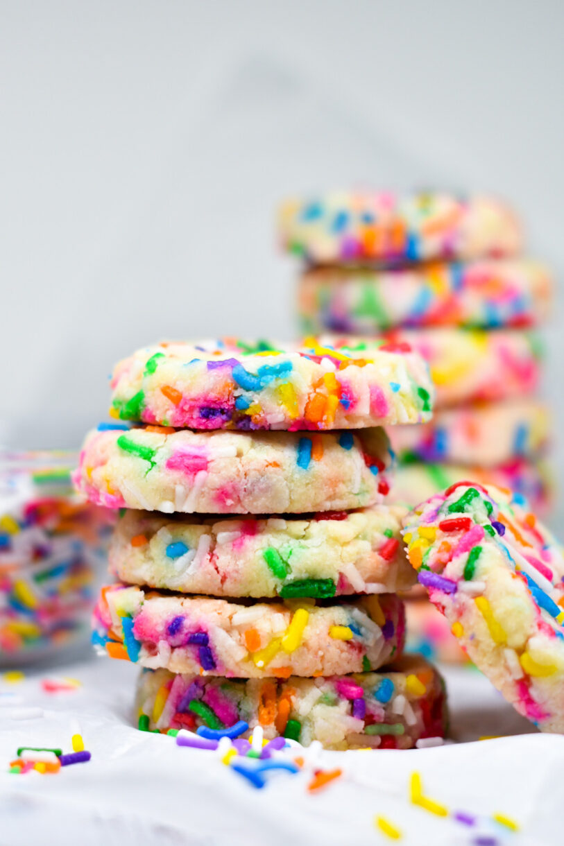 A stack of funfetti slice and bake shortbread