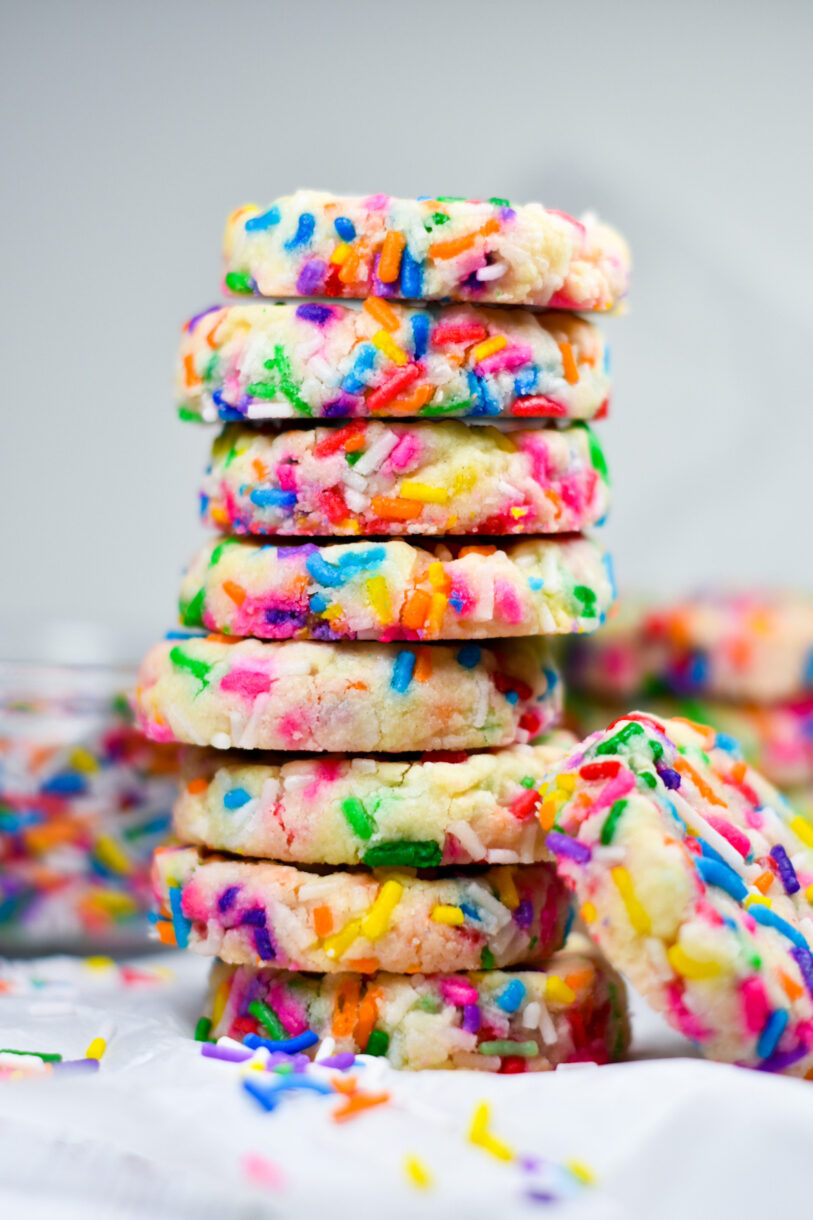 A tall stack of Funfetti Slice and Bake Shortbread cookies
