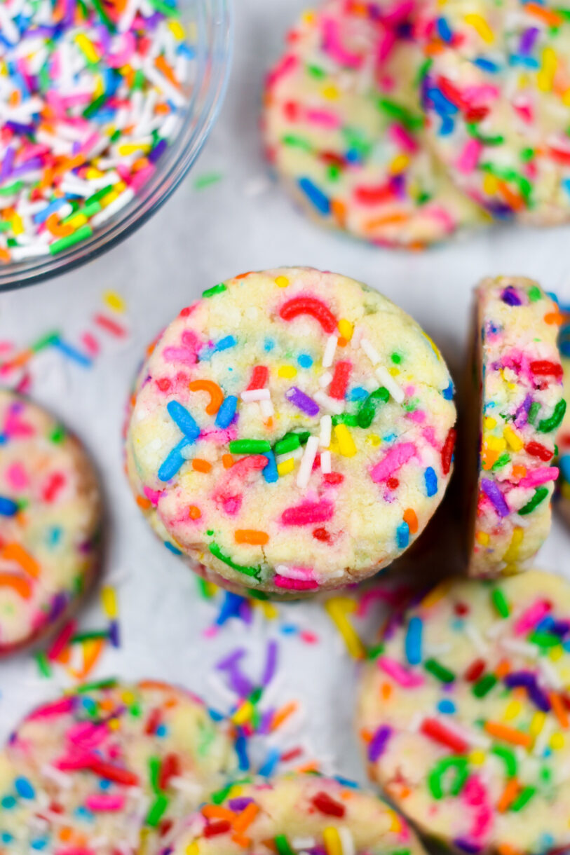 Funfetti Slice and Bake Shortbread cookies on a white background