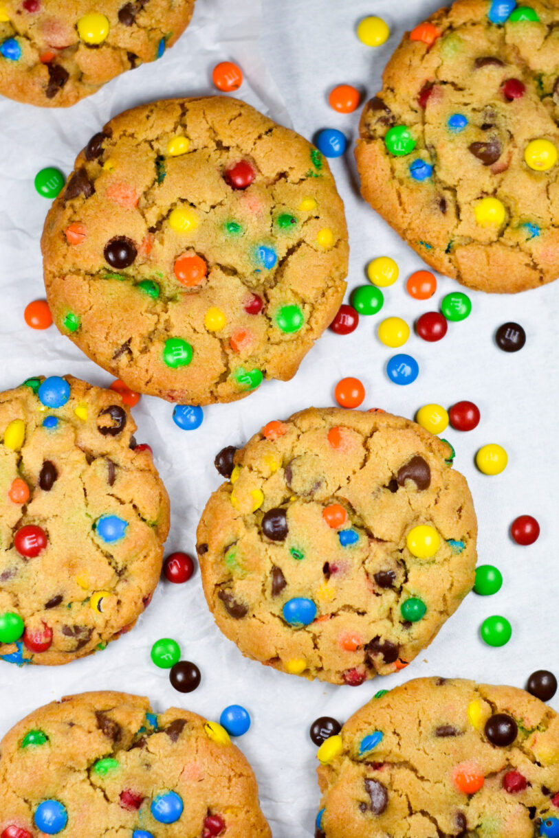 Rainbow M&M Peanut Butter Cookies on a white background
