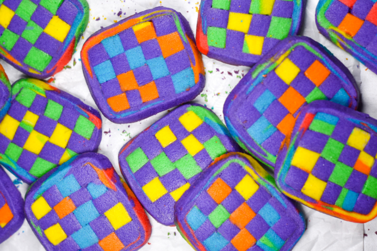 Geometric Rainbow Cookies on a white background