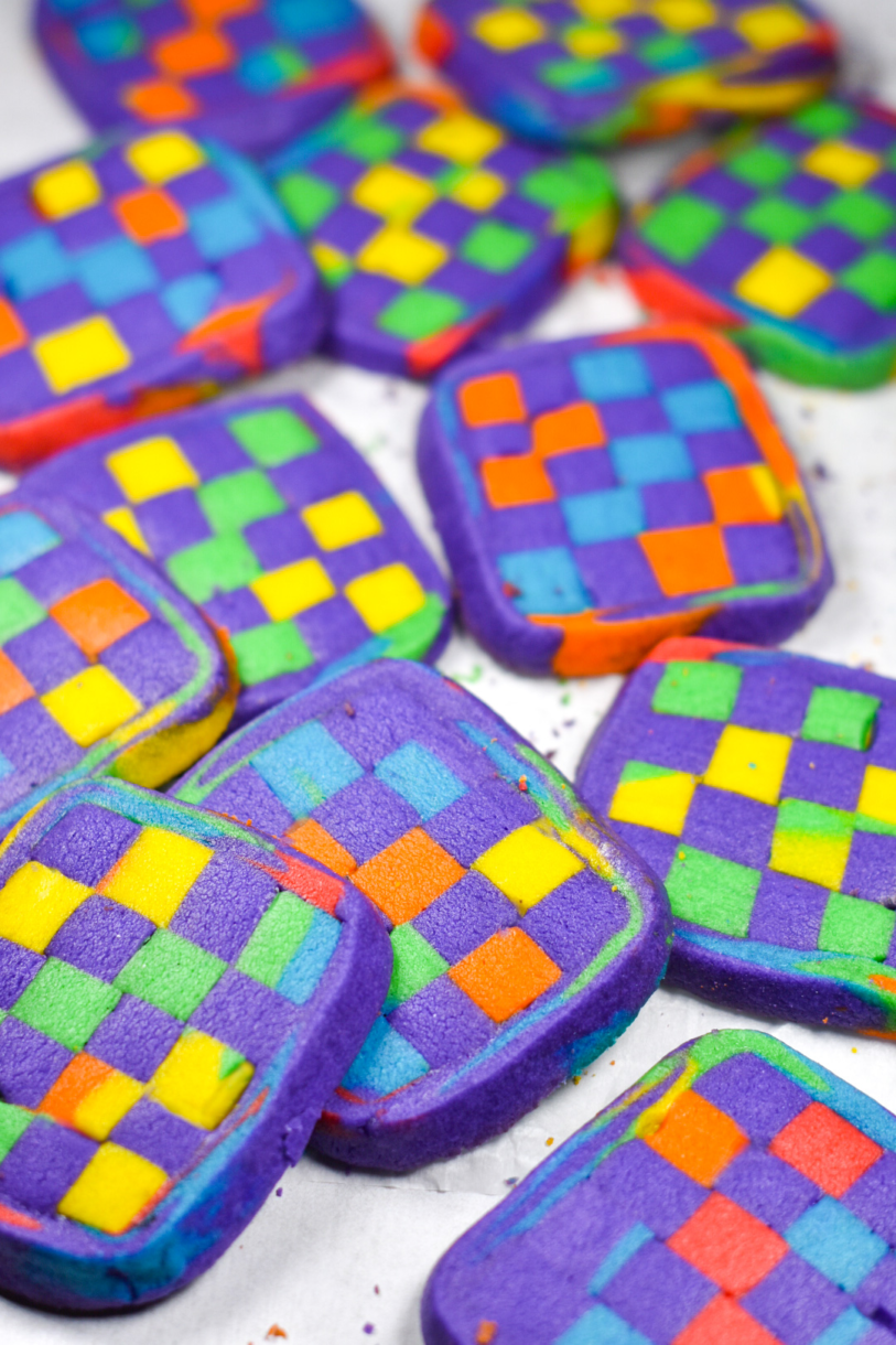 Checkerboard cookies on a white background