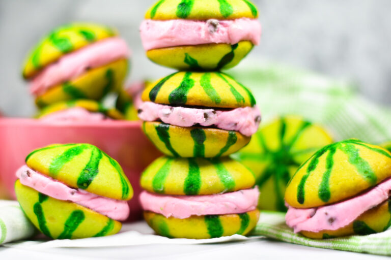 Horizontal shot of a stack of watermelon whoopie pies