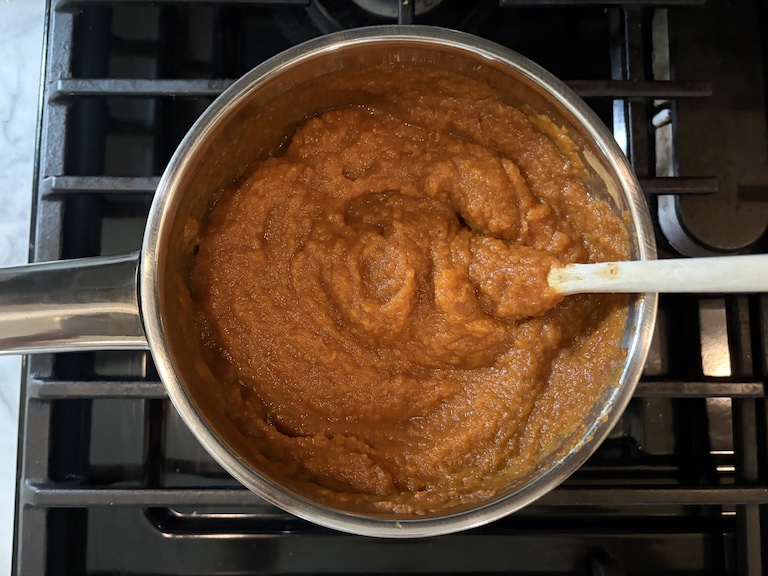 pumpkin butter ingredients in a pan on the stovetop