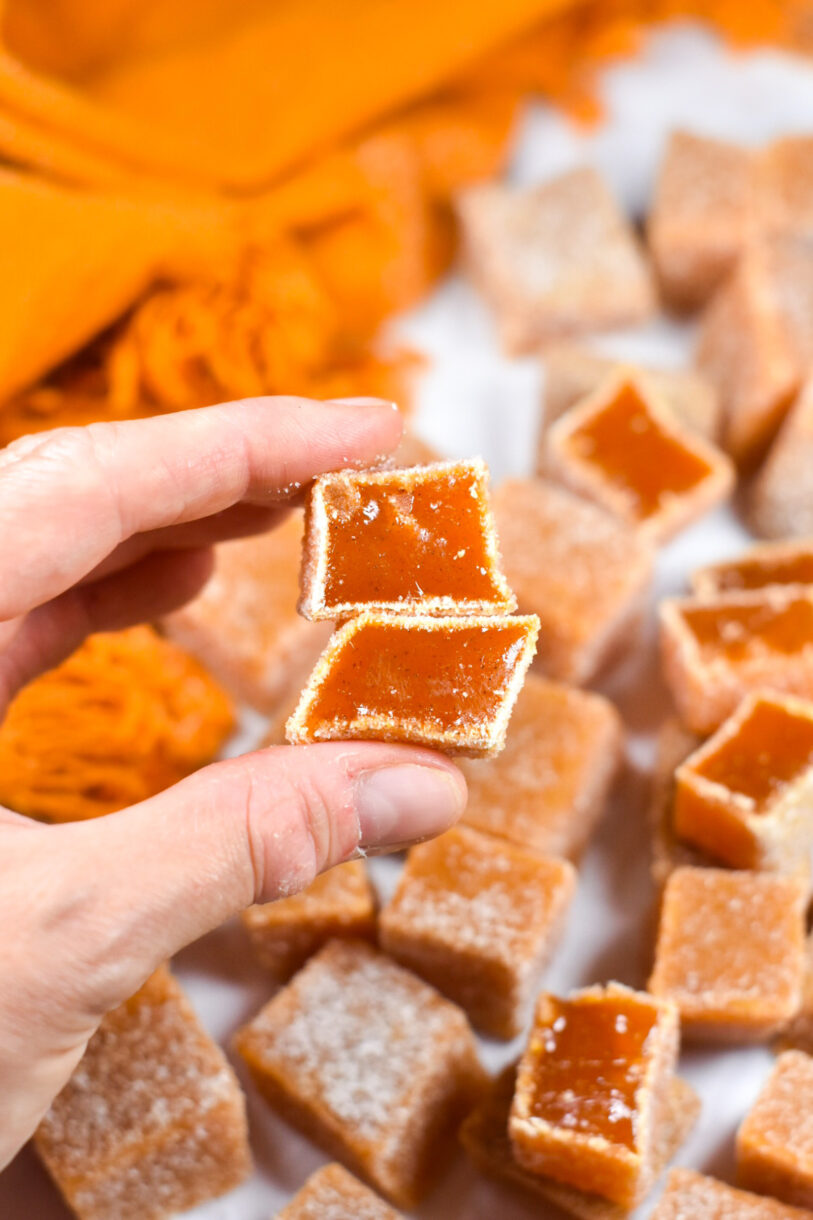 Hand holding two squares of carrot ginger gummy candy