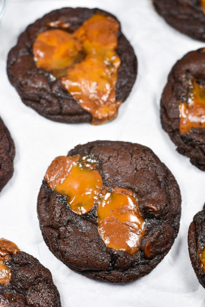 Chocolate Caramel Cookies on a white background
