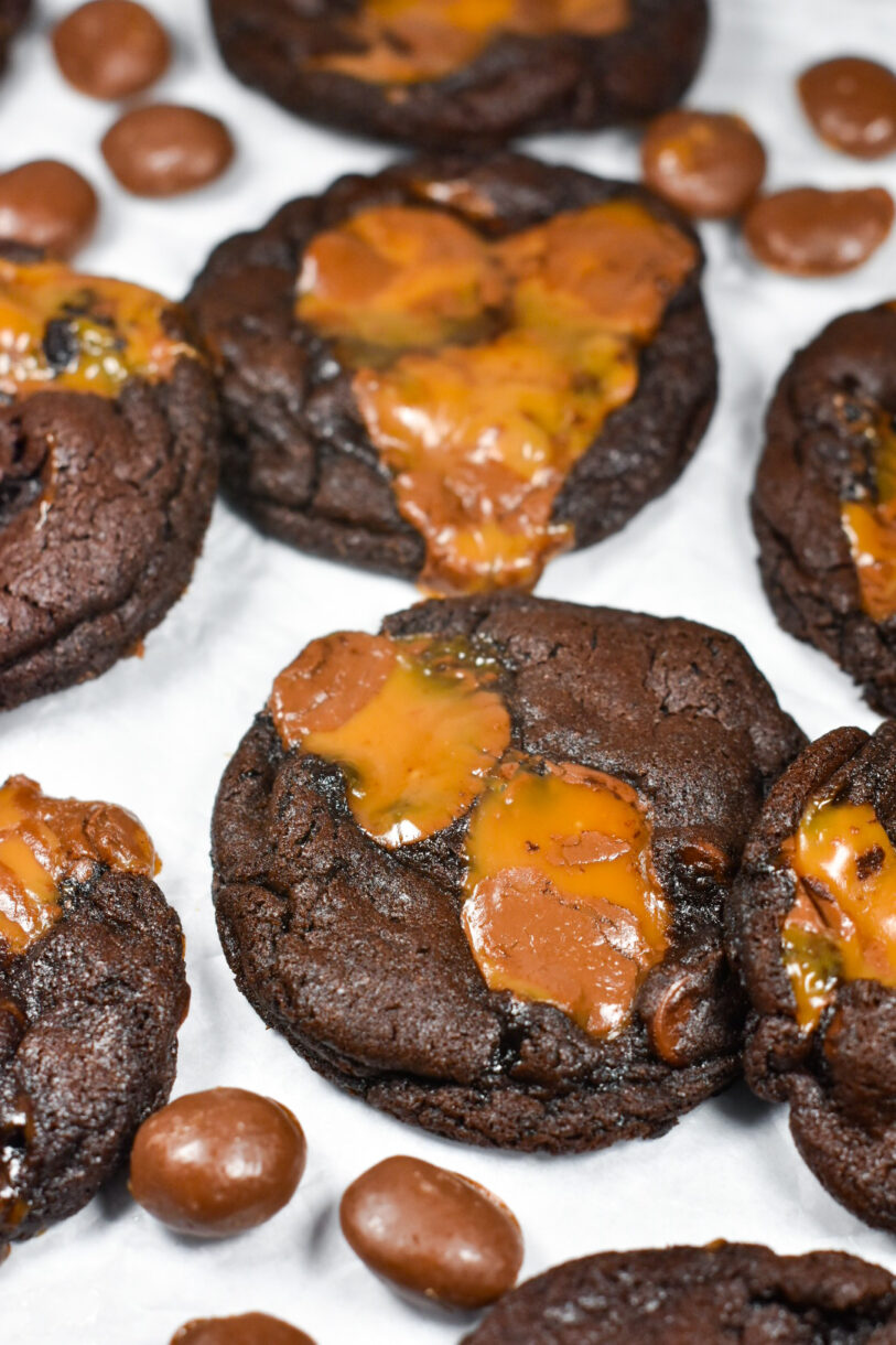 Chocolate Caramel Cookies surrounded by Milk Dud candies