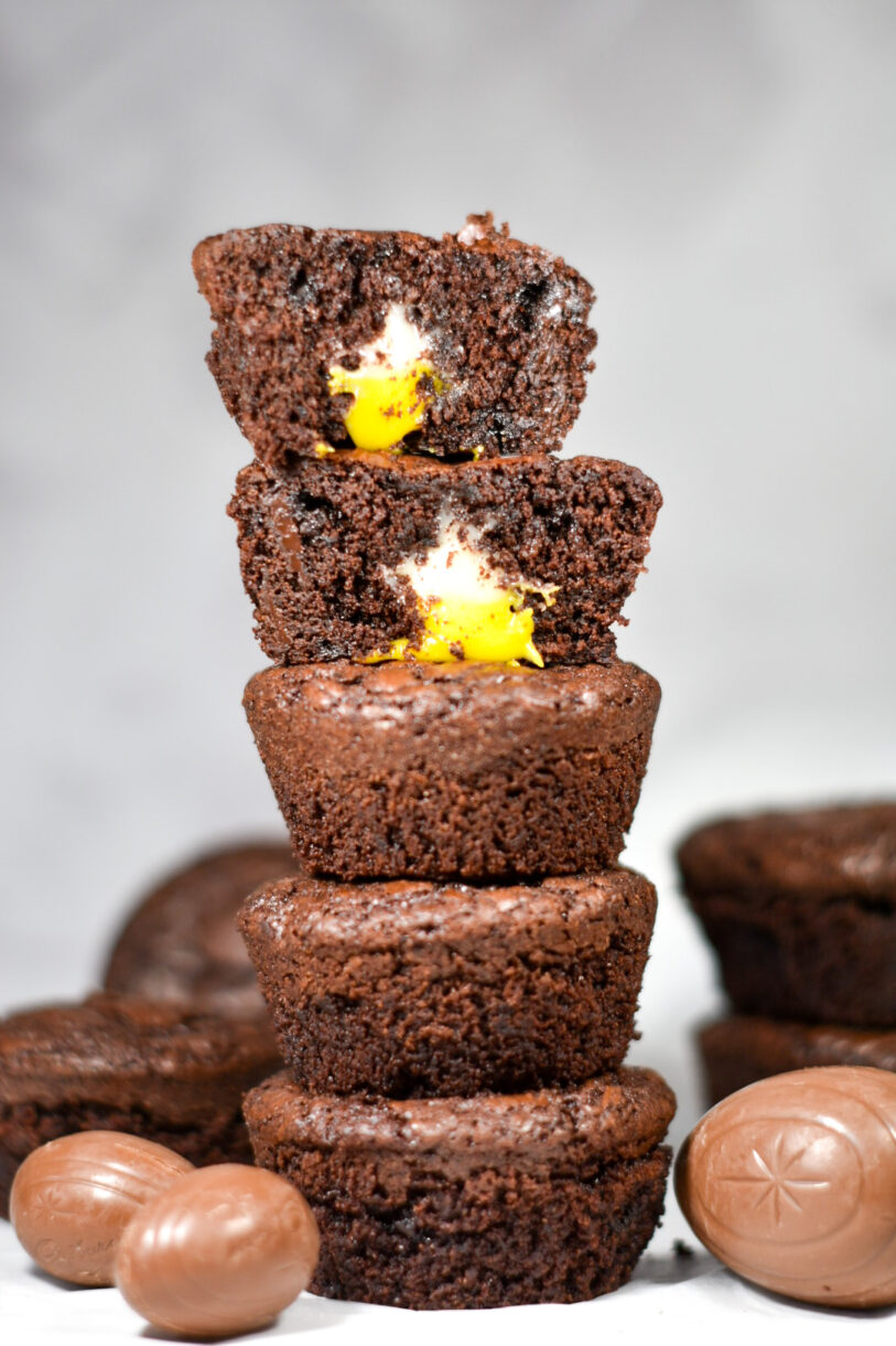 A stack of five brownie cups made from this Cadbury brownie cup recipe
