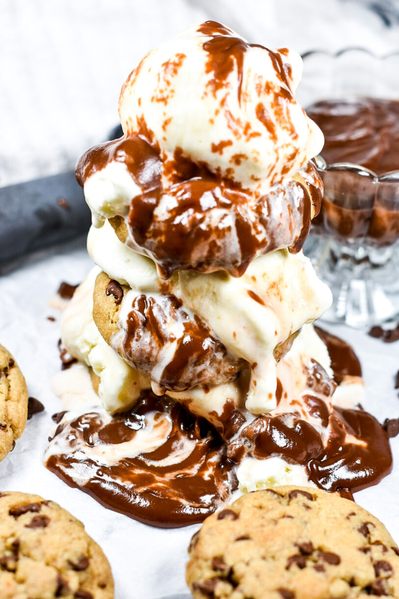 Melting ice cream, chocolate topping, and chocolate chip cookies