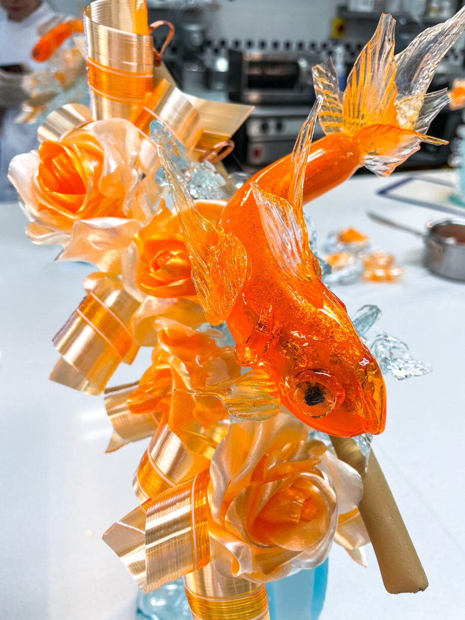 Goldfish sugarwork sculpture in a teaching kitchen at Le Cordon Bleu London