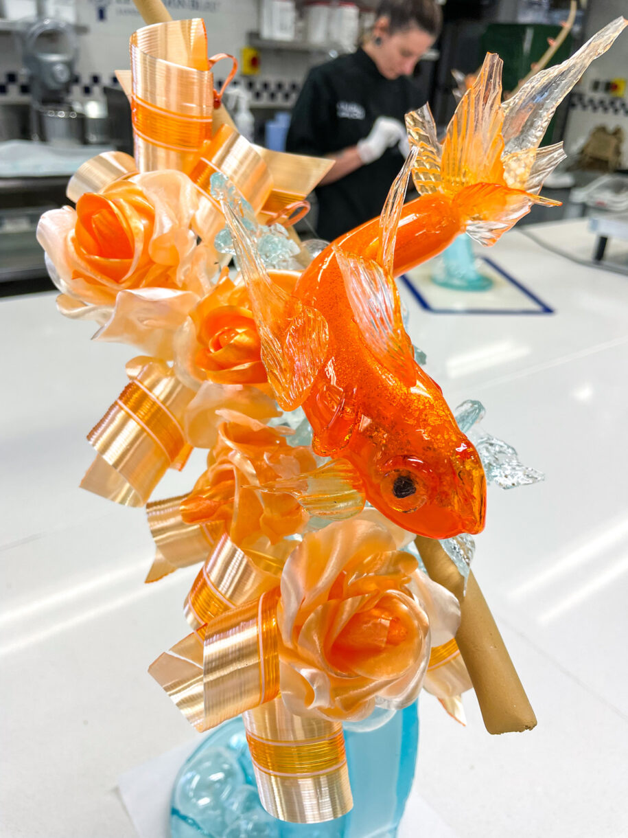 Closeup shot of a goldfish sugar sculpture in the kitchen at Le Cordon Bleu London