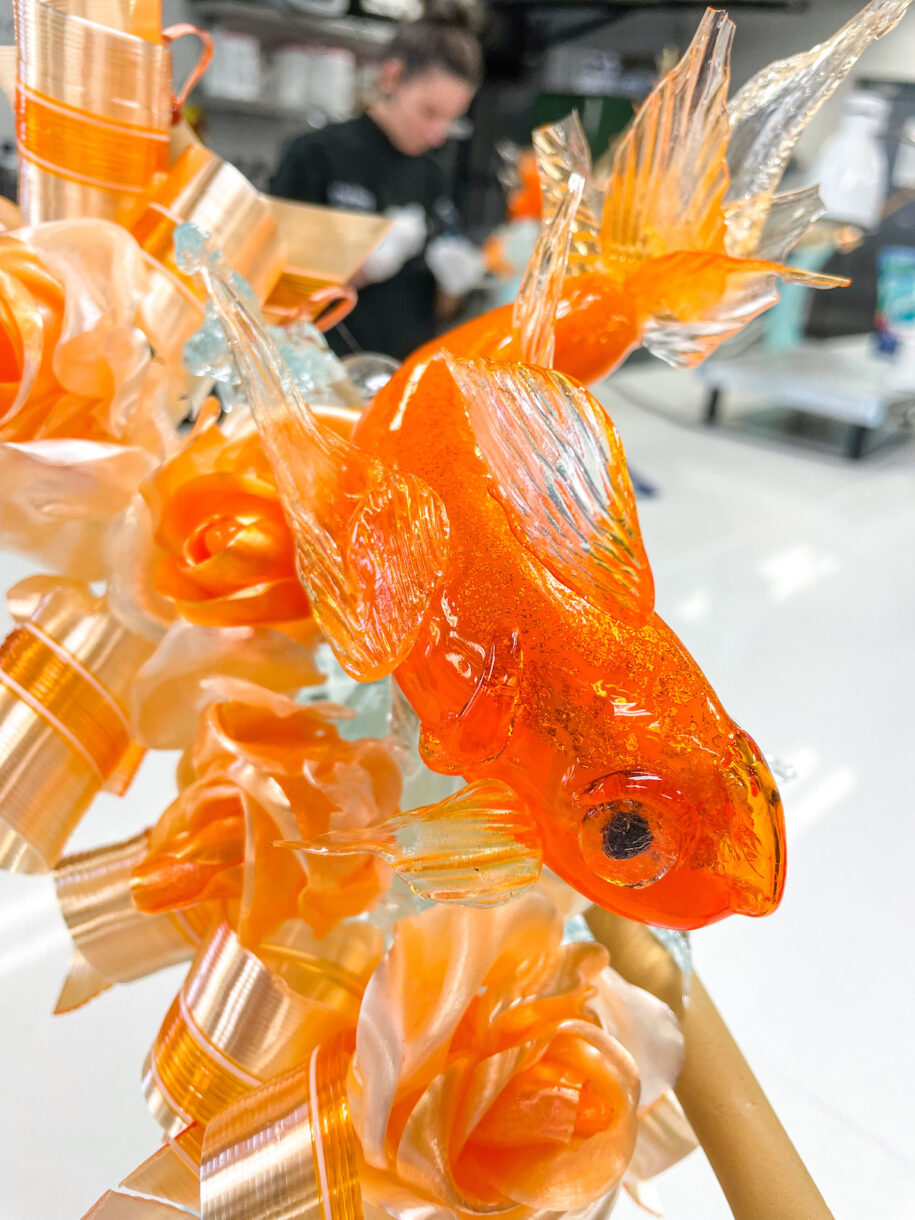 Image of an orange goldfish made from blown and pulled sugar