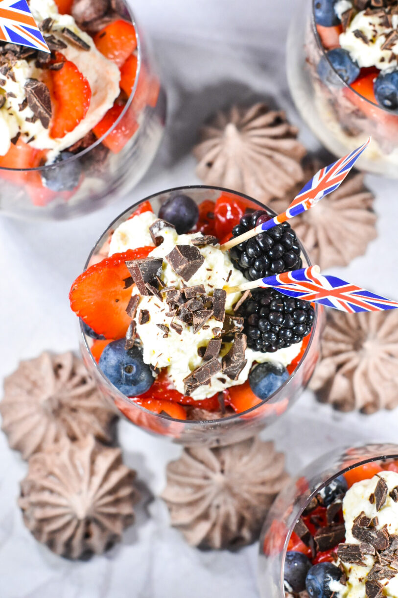 Triple Berry Eton Mess with Chocolate Meringue, as viewed from above