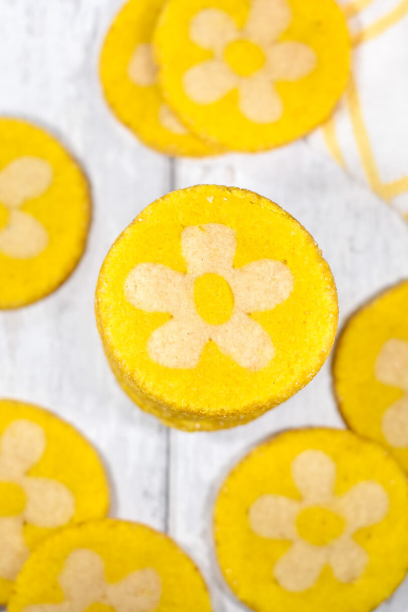 Lemond daisy cookies, made from a slice and bake cookie recipe, as viewed from above