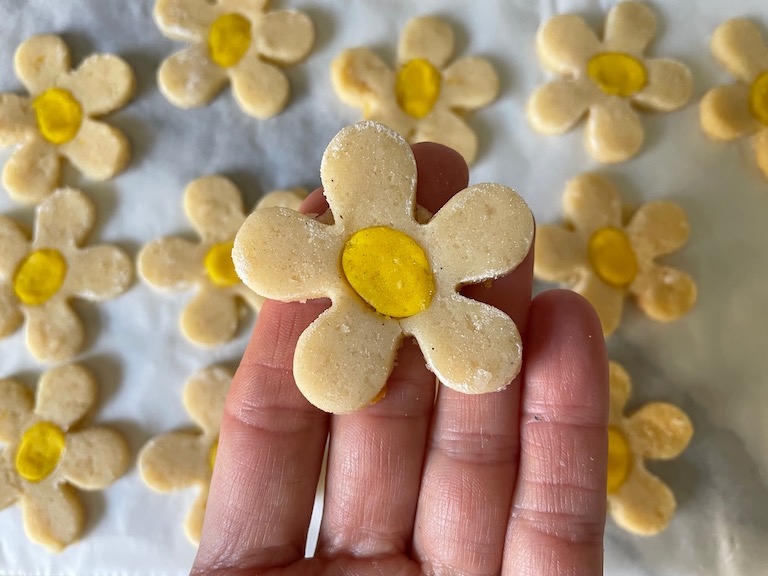 Hand holding a daisy cookie