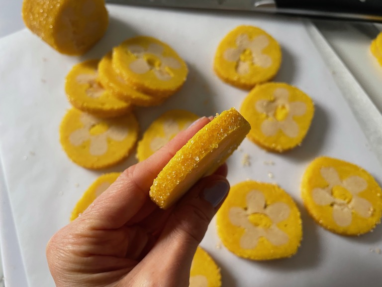 Hand holding a daisy cookie slice