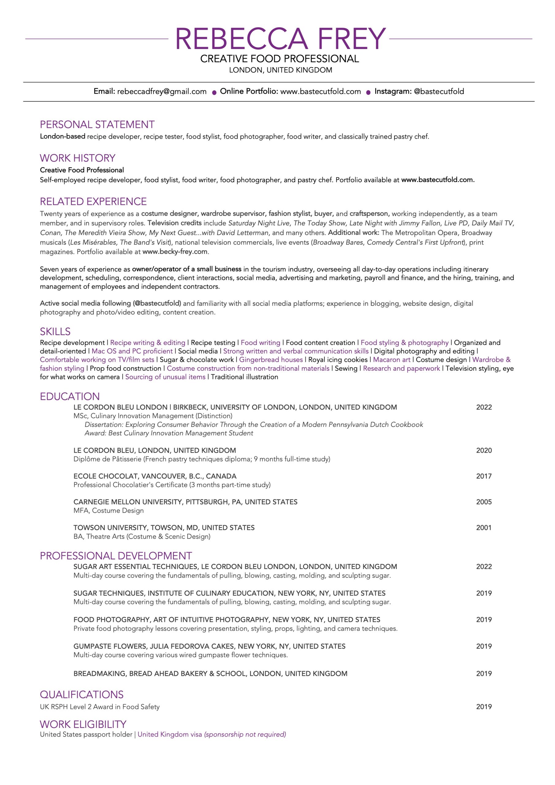 Resume for pastry chef, food writer, and recipe developer Rebecca Frey