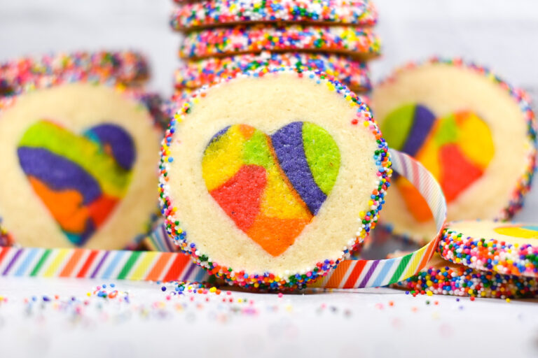 Slice and Bake Rainbow Heart Cookies with a pretty rainbow striped ribbon