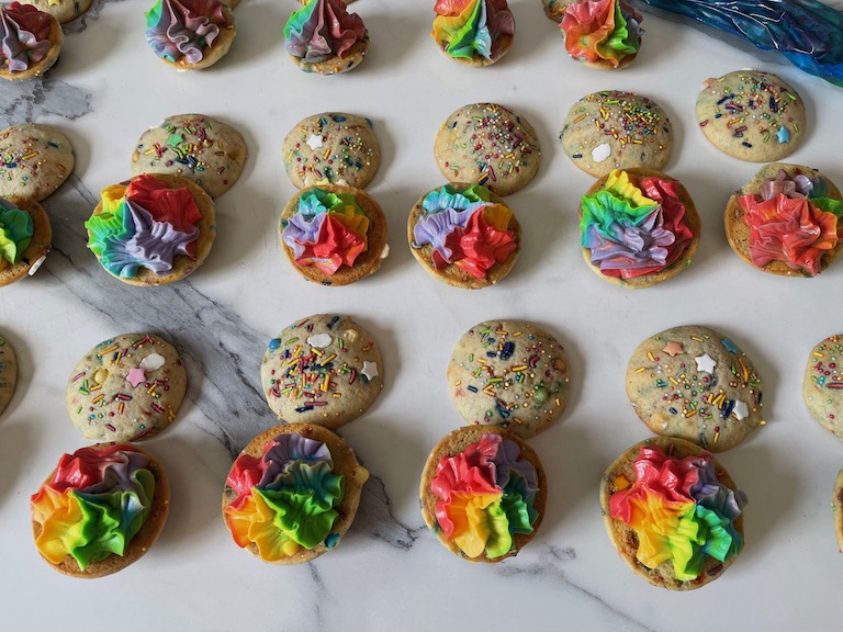 whoopie pies piped with rainbow frosting