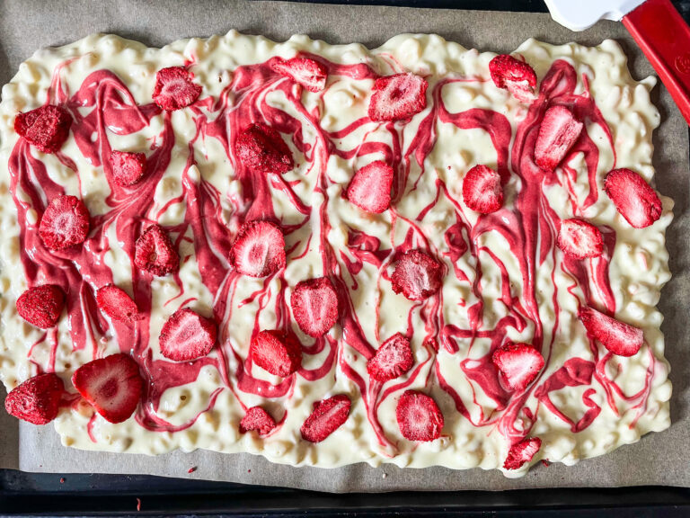 White chocolate bark with strawberries on top