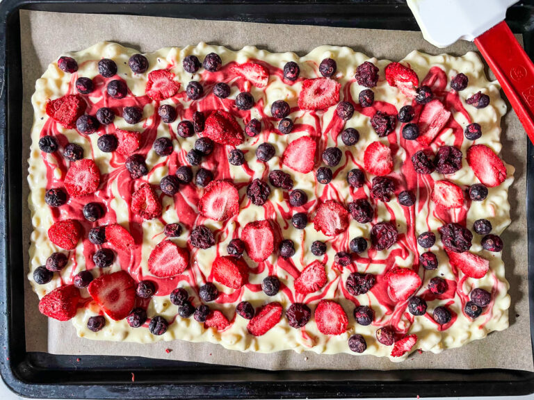 White chocolate bark with berries scattered on top