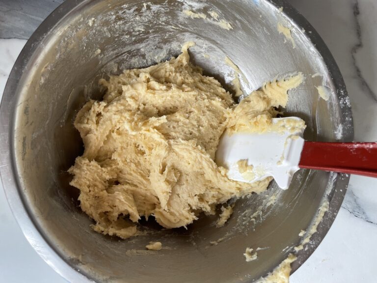 Bowl of cookie dough with spatula