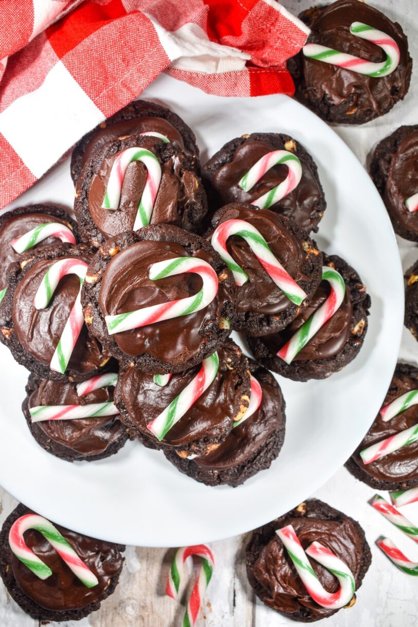 A white plate with a stack of chocolate peppermint cookies
