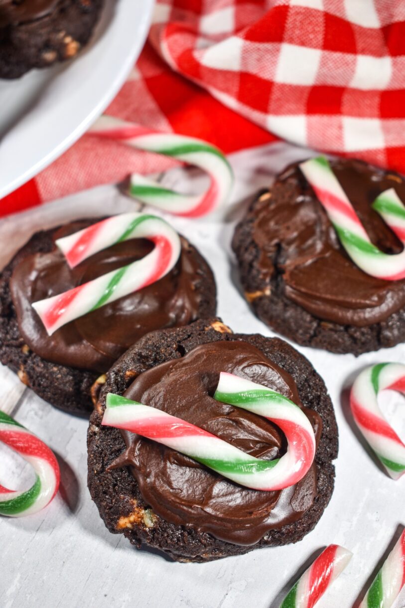 Chocolate candy cane cookies and a red gingham tea towel, on a white wooden surface