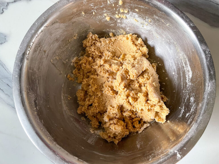 Metal bowl of cookie dough