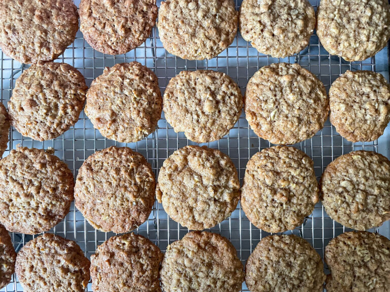 Wire rack with rows of parsnip oatmeal cookies